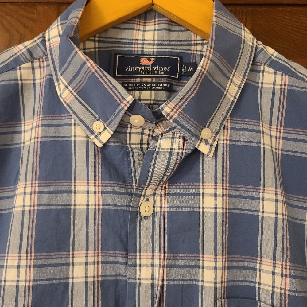 Vineyard Vines Slim Fit Tucker Shirt Size Medium Blue White Pink Plaid